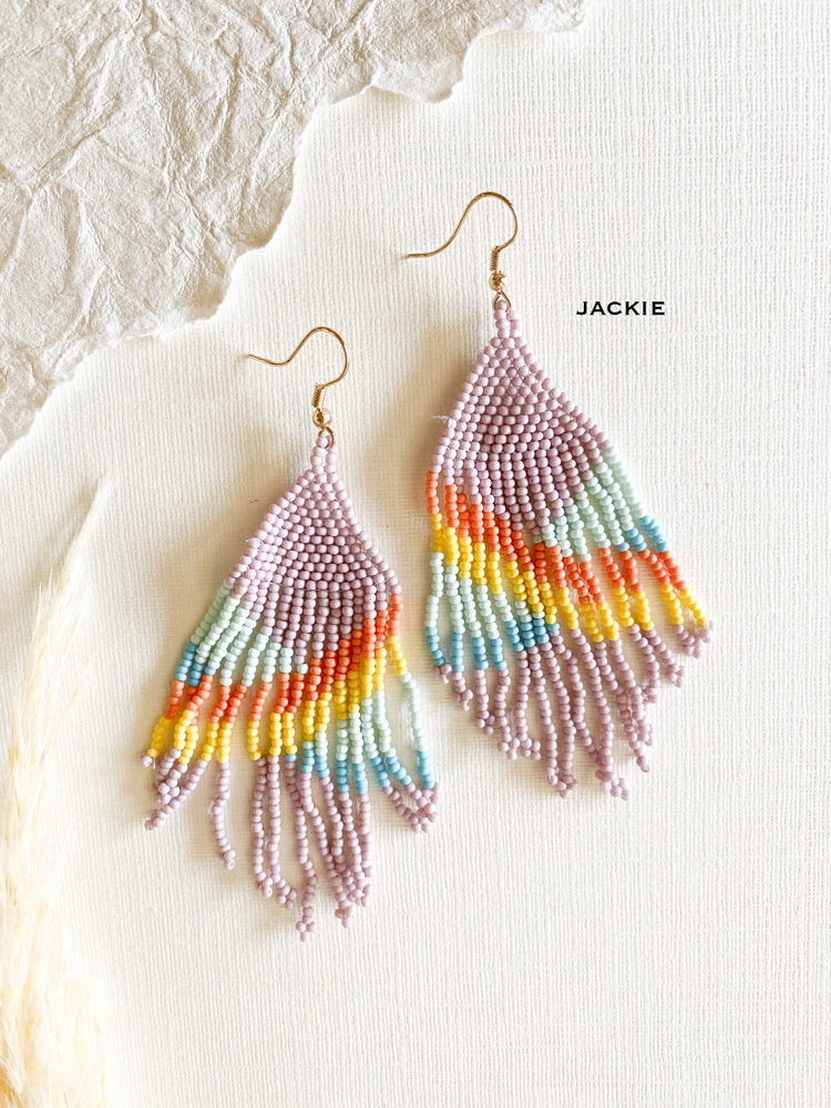 Hand Beaded Tassel Earrings | Colorful Boho Tribal Fringe Earrings | Color Block Seed Bead Danglers