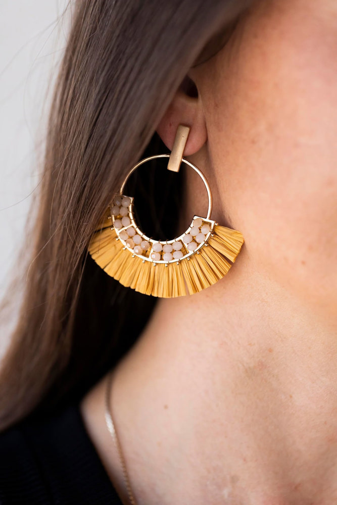 Jackie Raffia Post Back Hoops | Circle Earrings With Crystal Details