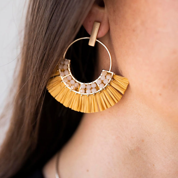 Jackie Raffia Post Back Hoops | Circle Earrings With Crystal Details