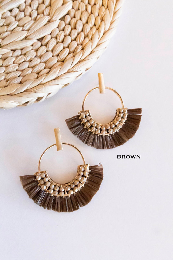 Jackie Raffia Post Back Hoops | Circle Earrings With Crystal Details