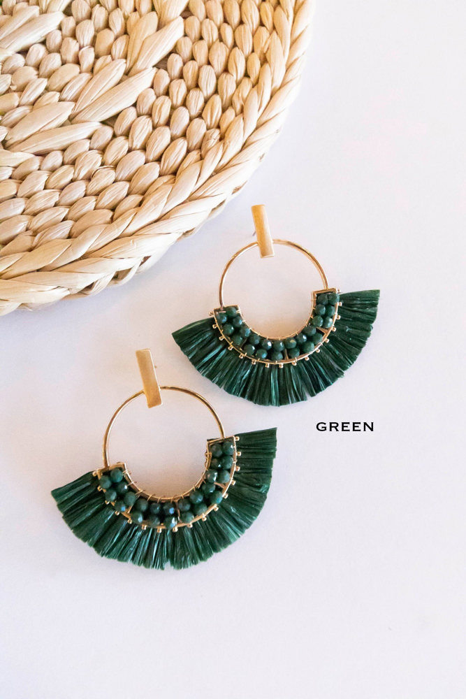 Jackie Raffia Post Back Hoops | Circle Earrings With Crystal Details