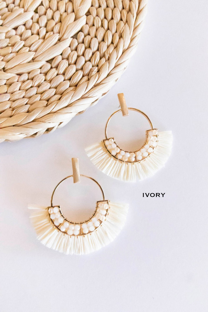 Jackie Raffia Post Back Hoops | Circle Earrings With Crystal Details