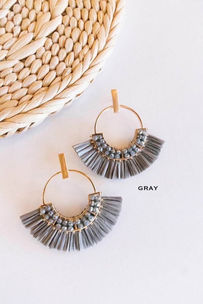 Jackie Raffia Post Back Hoops | Circle Earrings With Crystal Details