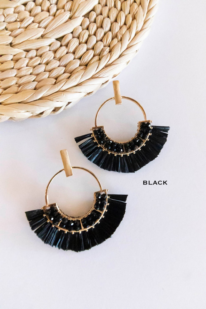 Jackie Raffia Post Back Hoops | Circle Earrings With Crystal Details