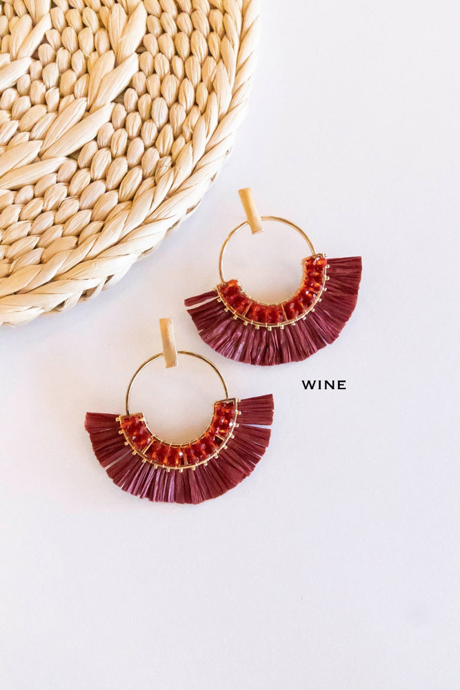 Jackie Raffia Post Back Hoops | Circle Earrings With Crystal Details