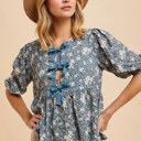  Dalia French Blue Bow Accent Floral Top