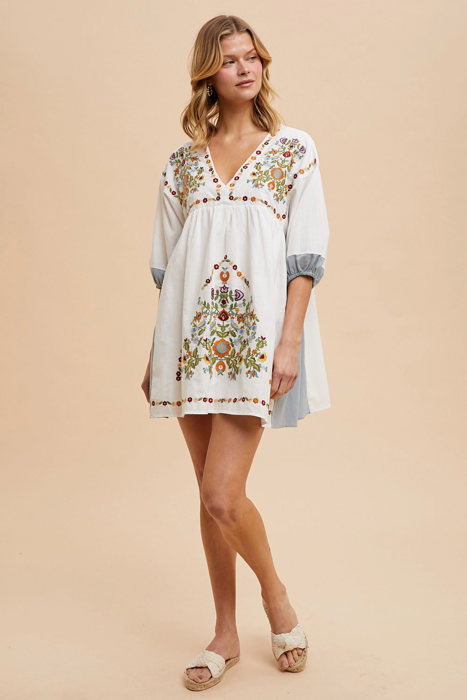 Leanna Floral Embroidered Babydoll Contrast Dress