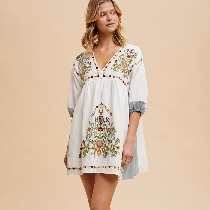 Leanna Floral Embroidered Babydoll Contrast Dress