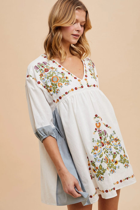 Leanna Floral Embroidered Babydoll Contrast Dress