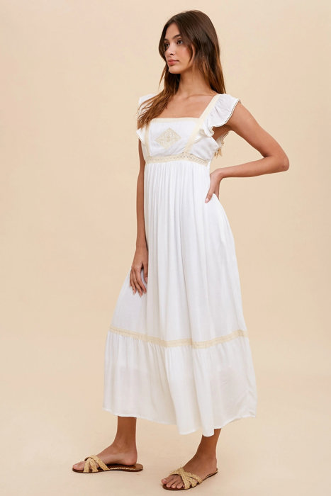 Quinn Embroidered Lace Trim Apron Midi Dress