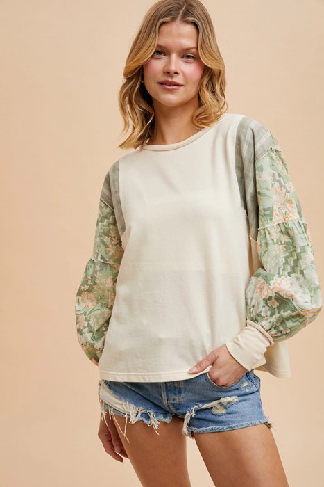 Olivia French Terry Spliced Top | Floral Contrast Sleeve Sweatshirt