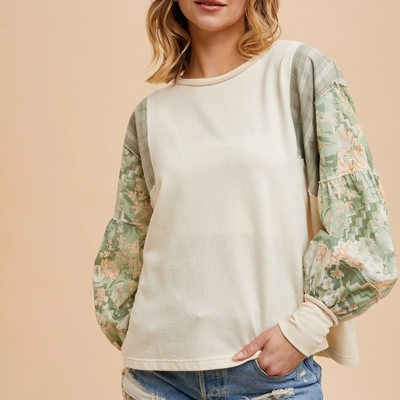 Olivia French Terry Spliced Top | Floral Contrast Sleeve Sweatshirt