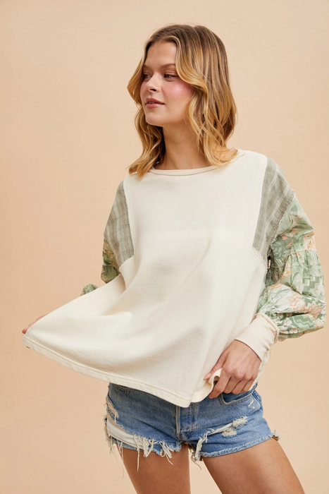 Olivia French Terry Spliced Top | Floral Contrast Sleeve Sweatshirt