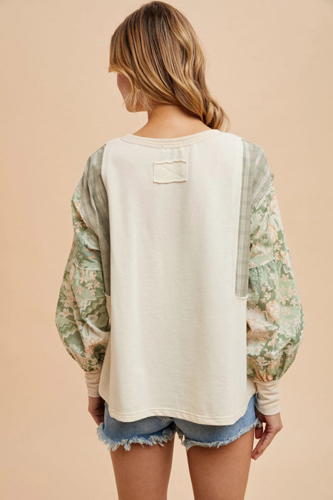 Olivia French Terry Spliced Top | Floral Contrast Sleeve Sweatshirt