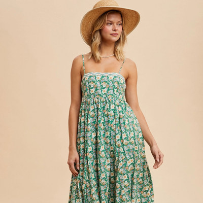 Helene Green Floral Long Sundress | Embroidered Cotton Print Maxi Dress