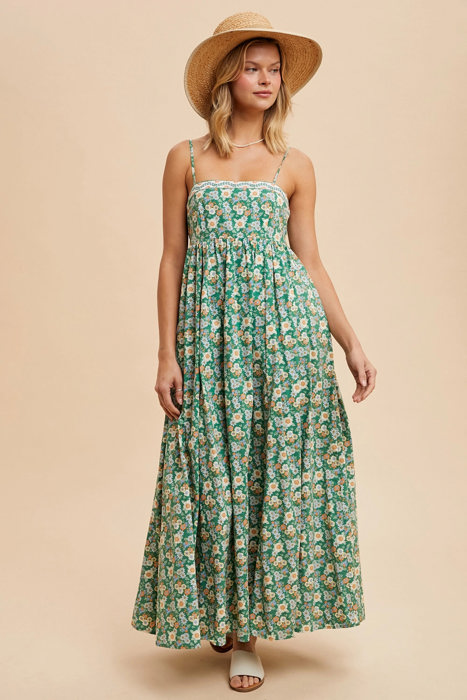 Helene Green Floral Long Sundress | Embroidered Cotton Print Maxi Dress