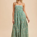  Helene Green Floral Long Sundress | Embroidered Cotton Print Maxi Dress