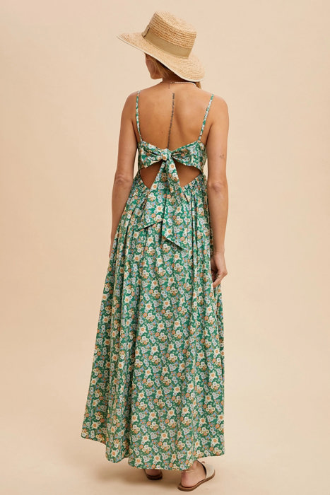 Helene Green Floral Long Sundress | Embroidered Cotton Print Maxi Dress