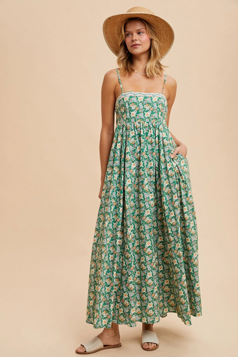 Helene Green Floral Long Sundress | Embroidered Cotton Print Maxi Dress