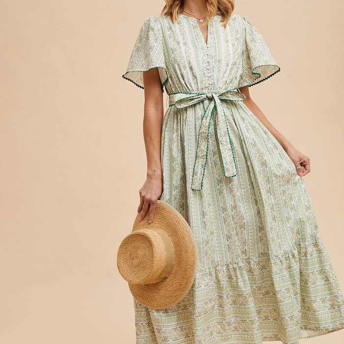 Rachel Tie Front Long Dress | Floral Flutter Sleeve Maxi