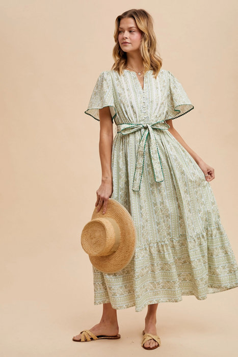 Rachel Tie Front Long Dress | Floral Flutter Sleeve Maxi