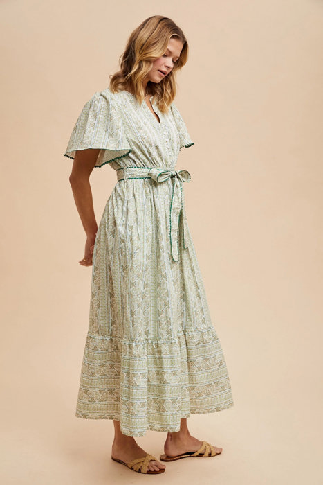 Rachel Tie Front Long Dress | Floral Flutter Sleeve Maxi