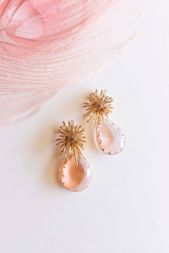 Mable Blush Crystal Earrings | Pink Gemstone Teardrop Earrings | Gold Starburst Accent | Bridesmaid Earrings | Wedding Season