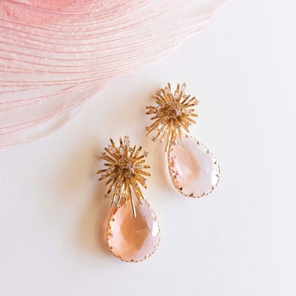 Mable Blush Crystal Earrings | Pink Gemstone Teardrop Earrings | Gold Starburst Accent | Bridesmaid Earrings | Wedding Season