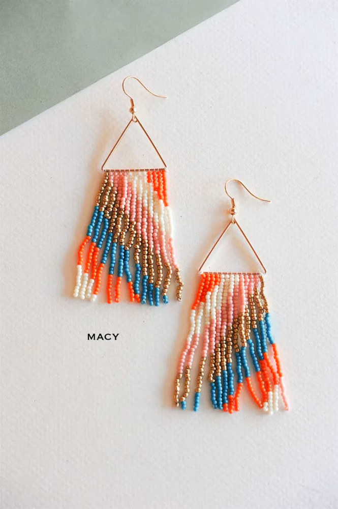 Hand Beaded Tassel Earrings | Colorful Boho Tribal Fringe Earrings | Color Block Seed Bead Danglers