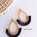 Navy Blue Marla Gold and Raffia Hoops | Teardrop Earrings With Crystal Details