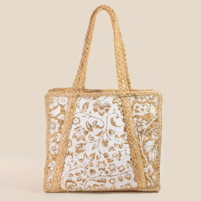 Polly White Floral Print Jute Tote Bag