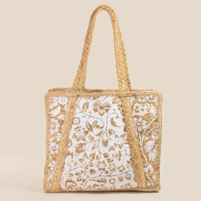 Polly White Floral Print Jute Tote Bag