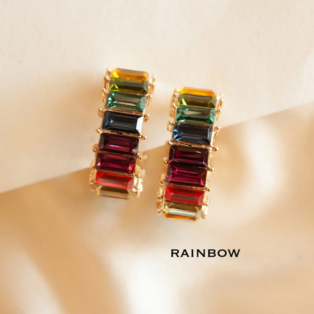 Rainbow Baguette Hoops | Chunky Sparkly Gemstone Hoop Earrings