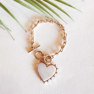 Samantha Mother of Pearl Heart Charm Bracelet | Gold Chain Toggle Bracelet