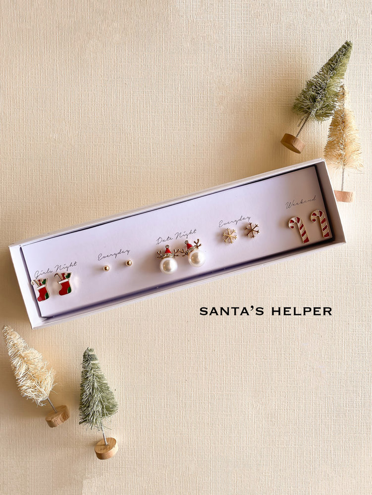 Boxed Christmas Earrings Set | Gift Ready Holiday Stud Sets | Dainty Santa Jewelry | Reindeer Earrings