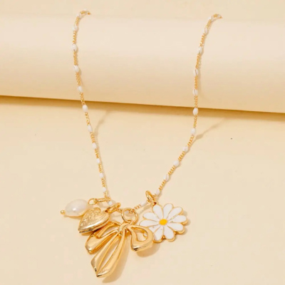Heart Locket Bow Pearl and Flower Charm Necklace
