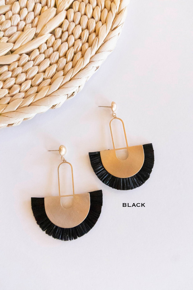 Trudy Raffia Earrings | Art Deco Brass and Fringe Earrings | Boho Chic Dangle Earrings