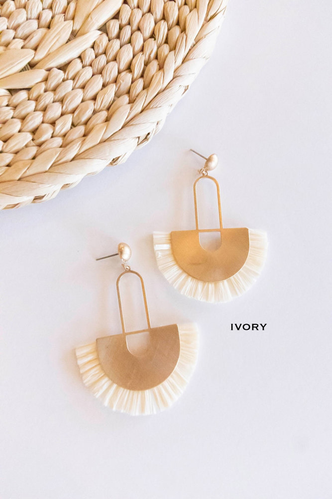 Trudy Raffia Earrings | Art Deco Brass and Fringe Earrings | Boho Chic Dangle Earrings