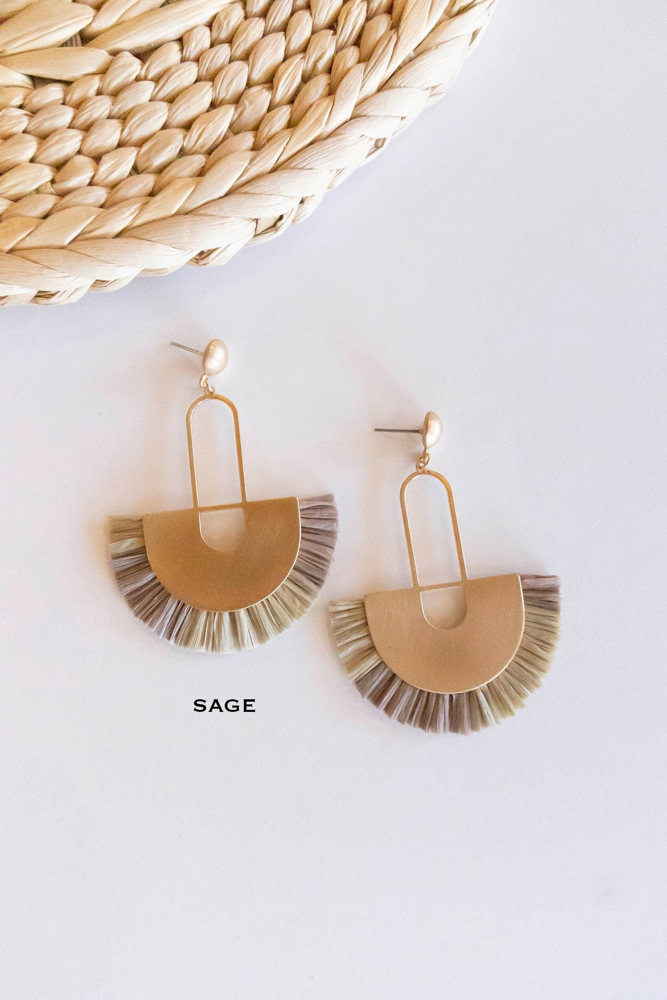 Trudy Raffia Earrings | Art Deco Brass and Fringe Earrings | Boho Chic Dangle Earrings