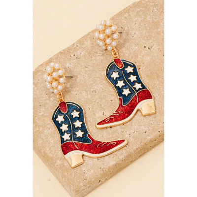 4th of July USA Western Cowboy Boots Dangle Earrings