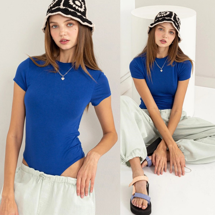 Alex Layered Cap Sleeve Bodysuit | Cobalt Blue Short Sleeves | Double-Layered | Fitted