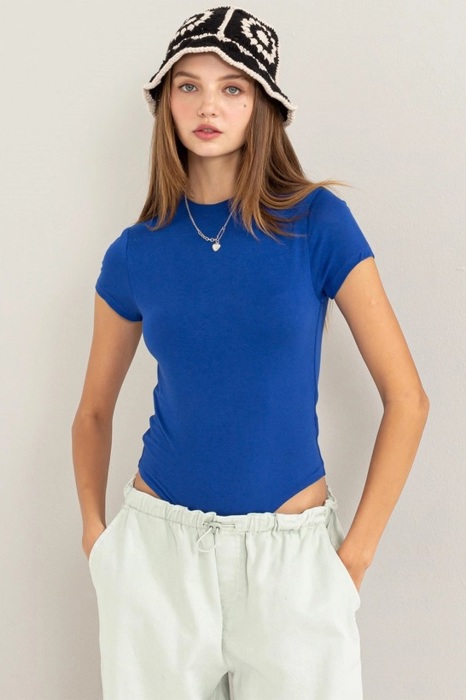 Alex Layered Cap Sleeve Bodysuit | Cobalt Blue Short Sleeves | Double-Layered | Fitted