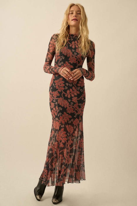 Angelica Floral Mesh Mock-Neck Maxi Dress