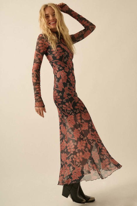 Angelica Floral Mesh Mock-Neck Maxi Dress