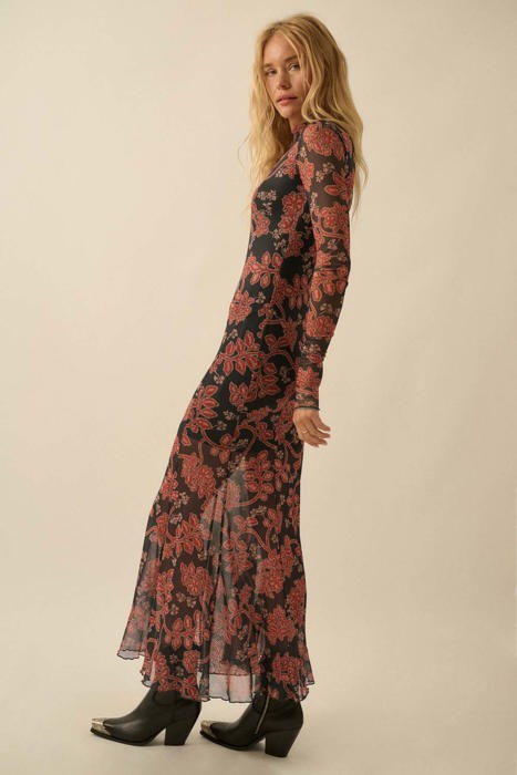 Angelica Floral Mesh Mock-Neck Maxi Dress