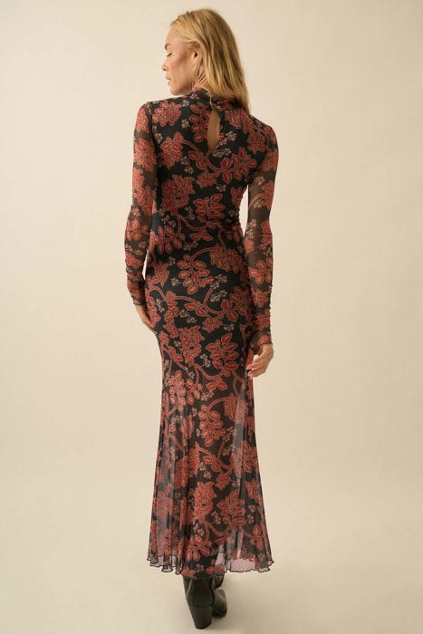 Angelica Floral Mesh Mock-Neck Maxi Dress