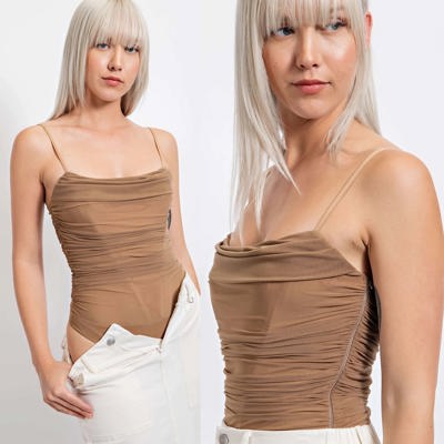 Athena Mesh Front Pleated Bodysuit | Contemporary Top | Cami | Fall Layering | Neutral Top