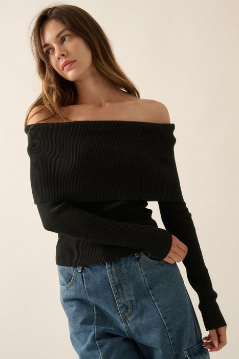 Billie Rib-Knit Off-Shoulder Foldover Top | Women's Black Sweater Shirt | Long Sleeve | Winter and Fall Trendy Fashion