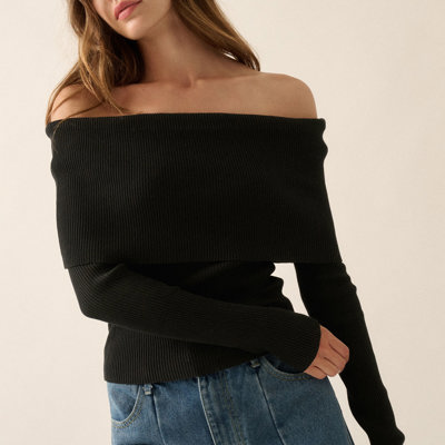 Billie Rib-Knit Off-Shoulder Foldover Top | Women's Black Sweater Shirt | Long Sleeve | Winter and Fall Trendy Fashion