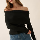  Billie Rib-Knit Off-Shoulder Foldover Top | Women's Black Sweater Shirt | Long Sleeve | Winter and Fall Trendy Fashion